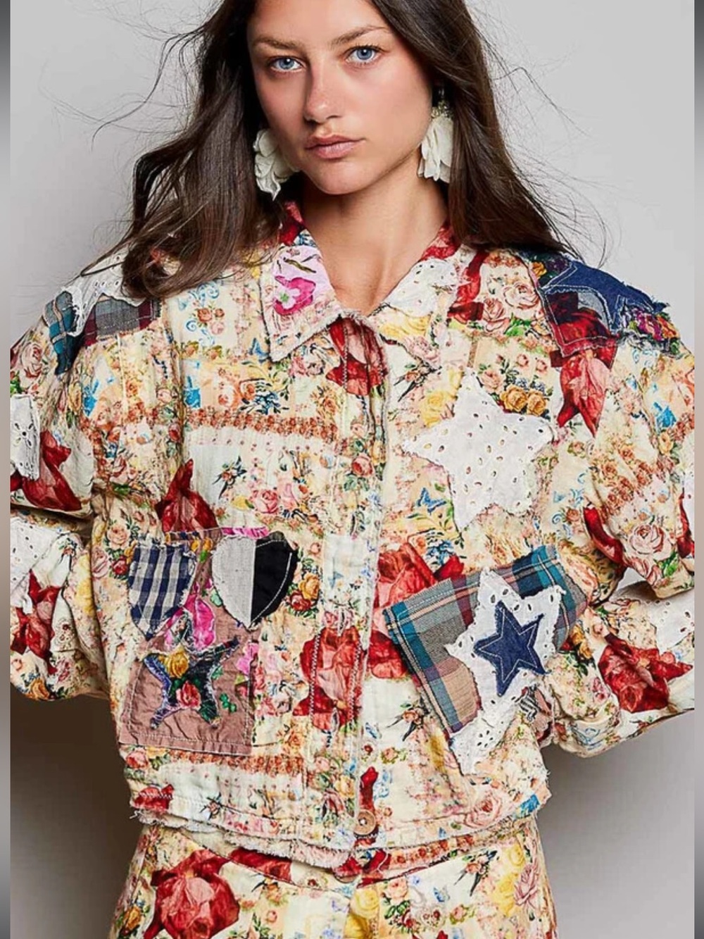 POL Boho Floral Patchwork Quilted Jacket with Stars and Hearts